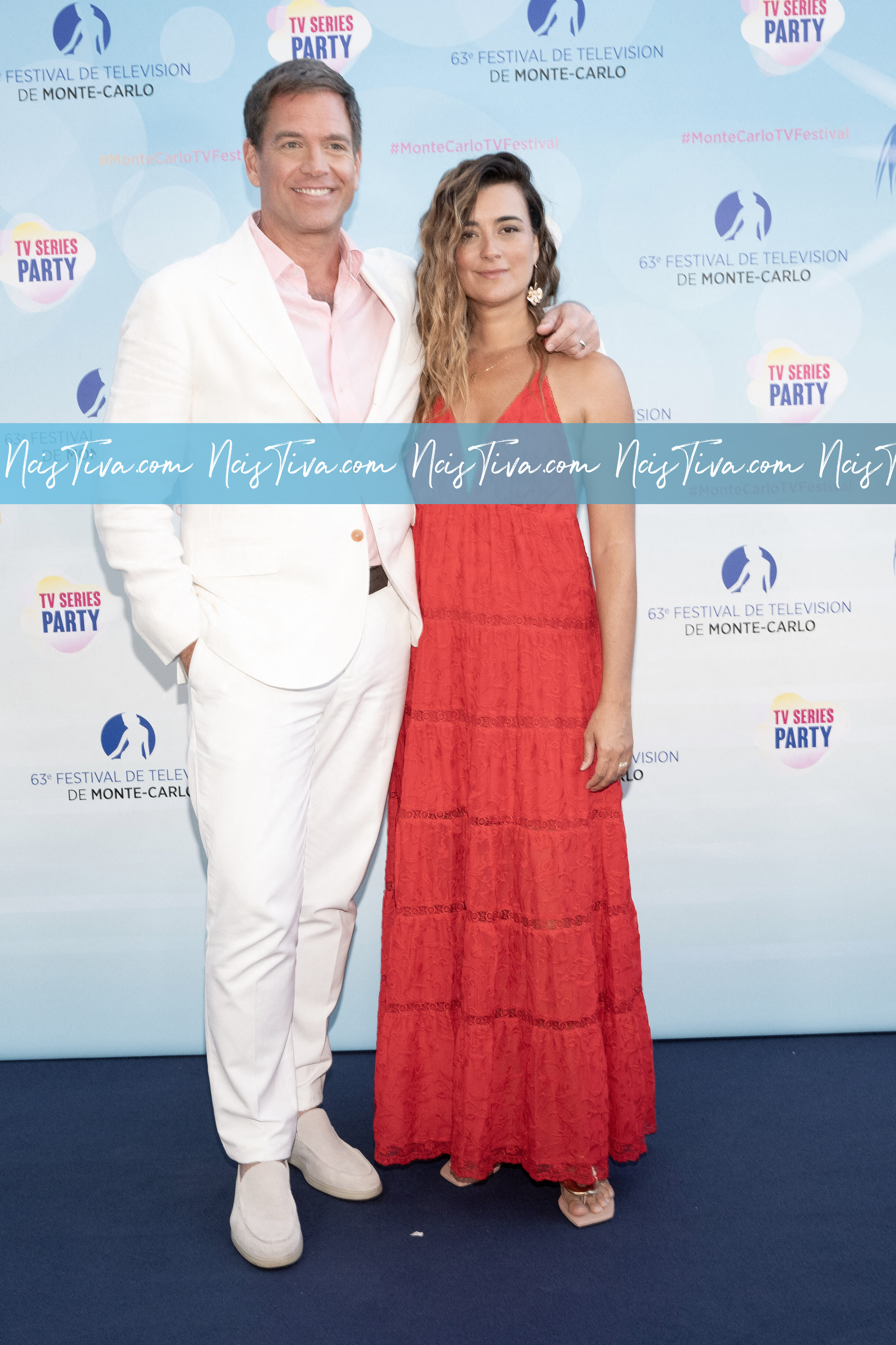 Michael Weatherly and Cote de Pablo attend the Red Carpet during the 63rd Monte-Carlo Television Festival